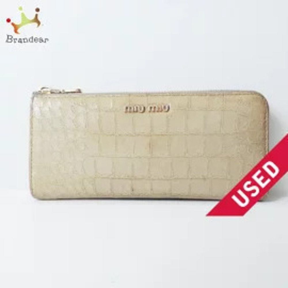 Miu Miu Long Wallet Embossed Leather L shaped Zipper Gray Beige Cream